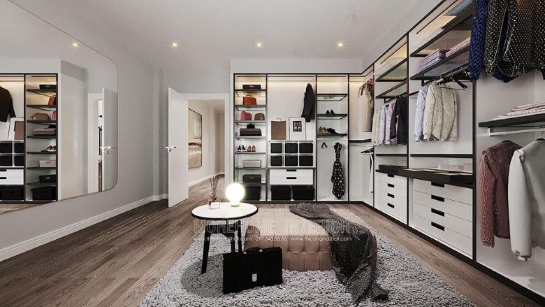 Phòng thay đồ được thiết kế theo phong cách hiện đại với sự kết hợp tinh tế của các gam màu sắc nhẹ nhàng.