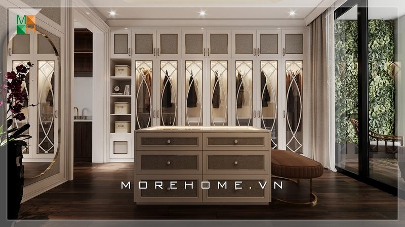 Mẫu thiết kế nội thất phòng thay đổi tân cổ điển mang lại ấn tượng sang trọng và tiện nghi cho nhà phố, biệt thự.